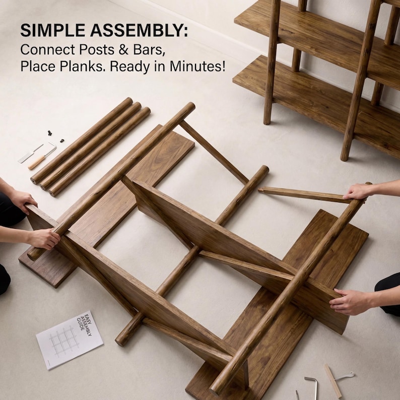 May include: Assembly of a wooden bookshelf with the text "SIMPLE ASSEMBLY: Connect Posts & Bars, Place Planks. Ready in Minutes!" The image shows the disassembled parts, including posts, bars, and planks, with hands assembling the structure.