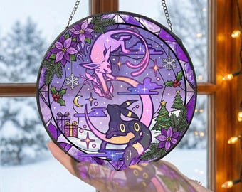 Eevee & Umbreon Stained Glass Ornament – Christmas Window Suncatcher – Holiday Anime Gift Idea L01NM