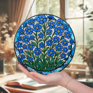 Handcrafted Forget Me Not Glass Suncatcher, Floral Window Art for Remembrance, Perfect Gift for Loved Ones & Home Decor  L993996TV