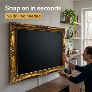 May include: A rectangular television screen encased in an ornate, antique-style gold frame with intricate scrollwork and floral carvings. The text "Snap on in seconds" and "No drilling needed" is displayed in the upper left corner of the image.
