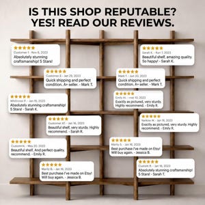 May include: A wooden shelf unit with multiple shelves, displaying customer reviews. The text at the top reads "IS THIS SHOP REPUTABLE? YES! READ OUR REVIEWS." Each review includes a customer's name, date, and a 5-star rating.
