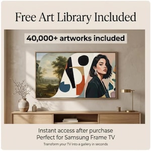 May include: A Samsung Frame TV displaying a split-screen artwork featuring a landscape on the left and a stylised portrait of a person on the right. Text reads Free Art Library Included, 40,000+ artworks included, Instant access after purchase, Perfect for Samsung Frame TV, Transform your TV into a gallery in seconds.