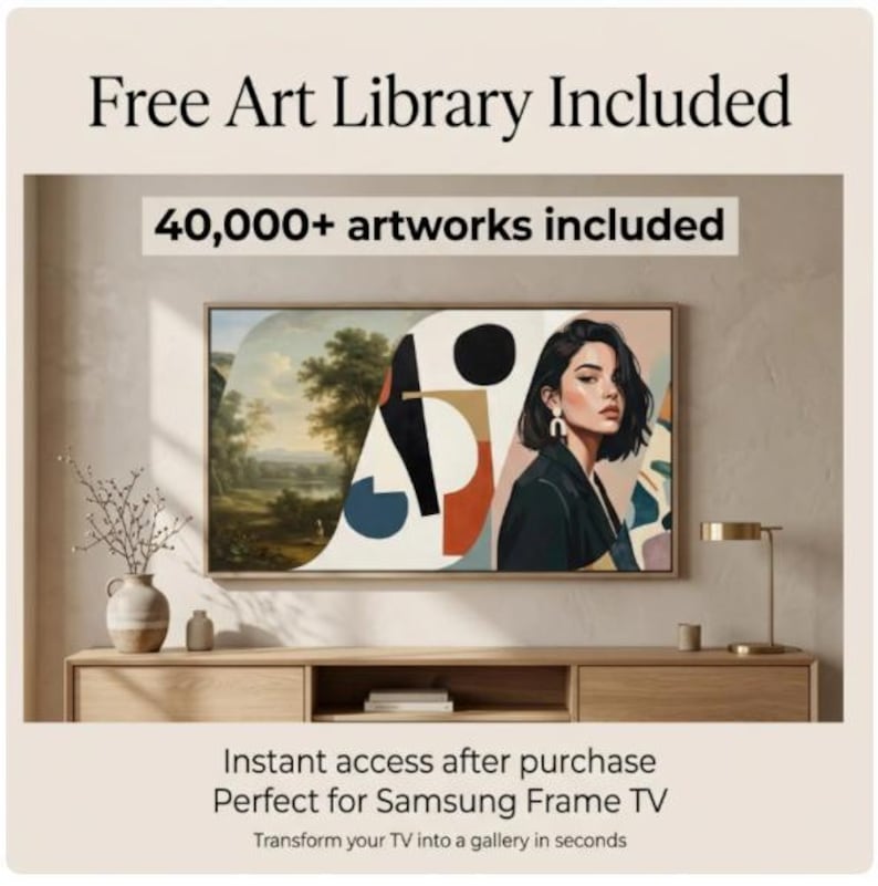 May include: A Samsung Frame TV displaying a split-screen artwork featuring a landscape on the left and a stylised portrait of a person on the right. Text reads Free Art Library Included, 40,000+ artworks included, Instant access after purchase, Perfect for Samsung Frame TV, Transform your TV into a gallery in seconds.