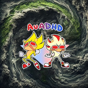 Pode incluir: Uma ilustração digital de dois personagens de desenho animado, Sonic e Shadow, com óculos de sol vermelhos e o texto "AUADHD" acima deles. Os personagens estão sobre um fundo verde e cinza em espiral.