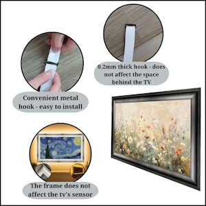 Pode incluir: Uma obra de arte emoldurada com um design floral em uma moldura preta. A imagem tamb&eacute;m mostra detalhes do sistema de montagem, incluindo um gancho de metal e o texto "Convenient metal hook - easy to install". O texto "The frame does not affect the tv's sensor" tamb&eacute;m &eacute; vis&iacute;vel.