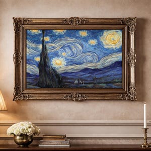 May include: A framed print of Van Gogh's "Starry Night" painting. The artwork features a swirling blue night sky with prominent yellow stars and a dark, towering cypress tree. The ornate, gold-toned frame adds a classic touch to the iconic artwork.