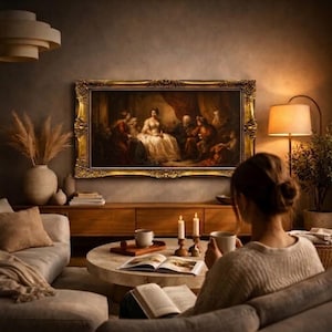 May include: A large rectangular oil painting in an ornate gold frame depicting a group of figures in historical attire, mounted on a wall above a wooden console table, a round coffee table with books and candles, and a floor lamp.