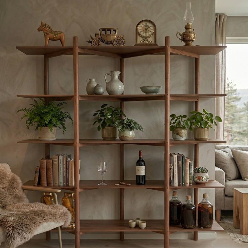 May include: A wooden bookshelf with multiple shelves displays various items. Decorative objects include a horse figurine, a carriage, a clock, and a lamp. Potted plants, books, wine bottles, and glassware are also arranged on the shelves, creating a stylish display.
