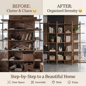 May include: A before-and-after image shows a wooden bookshelf. The "before" image displays a cluttered shelf with books, boxes, and tangled wires. The "after" image shows an organized shelf with books, plants, and decorative items. Text reads "Step-by-Step to a Beautiful Home."