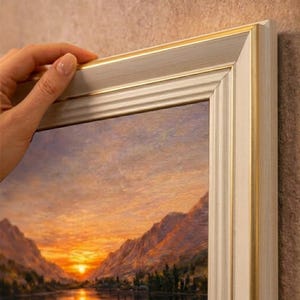 May include: A framed landscape painting depicting a sunset over a lake and mountains. The artwork features warm colors of orange, yellow, and purple. The frame is a light color with gold accents.
