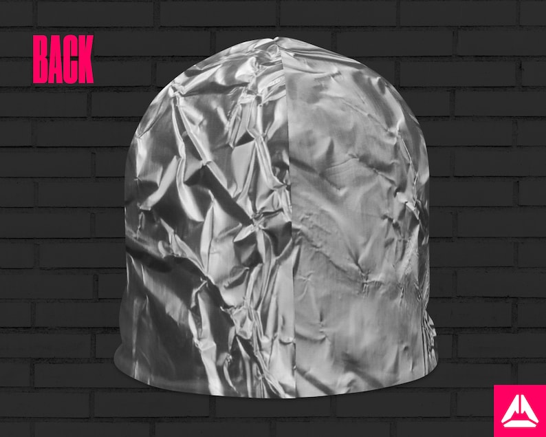 May include: A silver beanie hat with a crinkled texture. The hat is made of a shiny, metallic material.