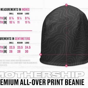 May include: Black beanie with a topographic map pattern. The beanie has a size guide with measurements in inches and centimeters. The text "MOTHERSHIP PREMIUM ALL-OVER PRINT BEANIE" is printed below the beanie.