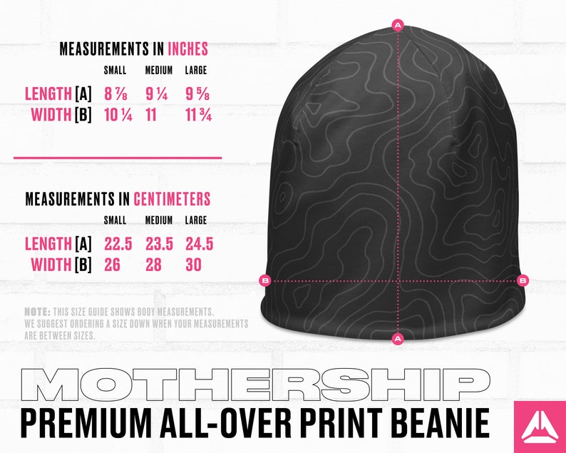 May include: Black beanie with a topographic map pattern. The beanie has a size guide with measurements in inches and centimeters. The text "MOTHERSHIP PREMIUM ALL-OVER PRINT BEANIE" is printed below the beanie.