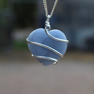 Natural Angelite Heart Wire Wrapped Pendant