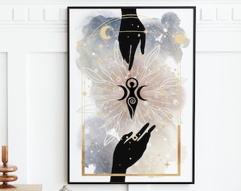Celestial Goddess Wall art • Crescent Moon Boho printable poster • Spiritual digital print • Zodiac Astrology decor • Magic Hand • Witch