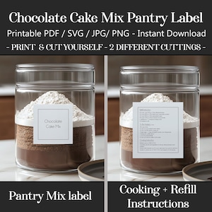 Printable Chocolate Cake Mix Labels Recipe & Refill, 2-in-1 Pantry stickers SVG cricut PNG PDF files