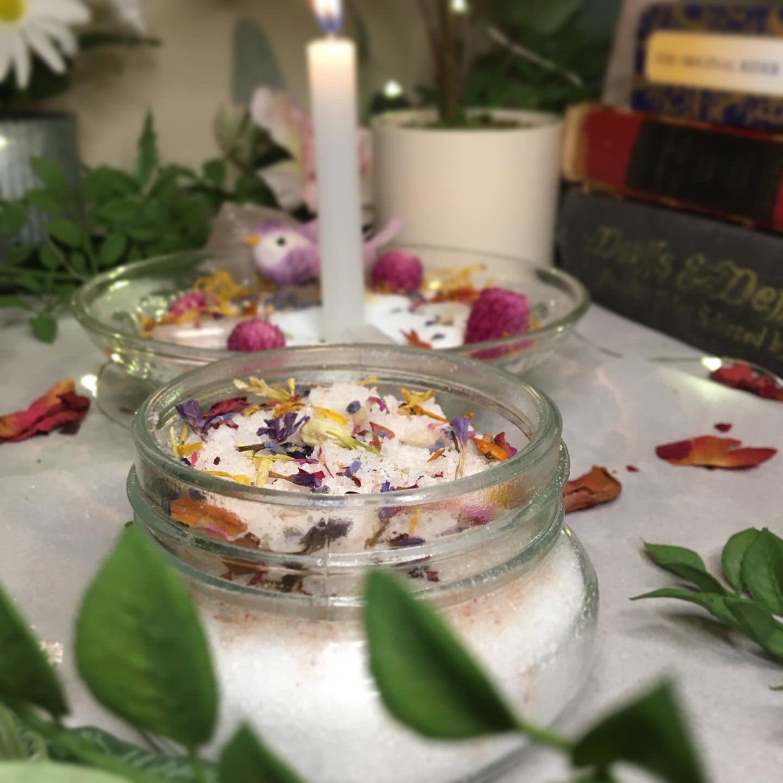 BeeWitched Bath Salts 5oz glass container Dried Flowers Etsy