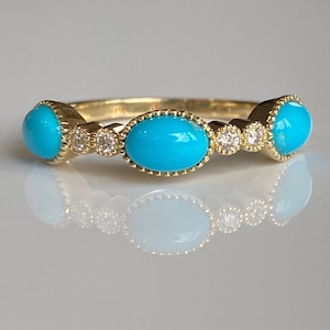 14K Gold Turquoise and Diamond Ring. Stackable 14K Gold Turquoise and Diamond Band