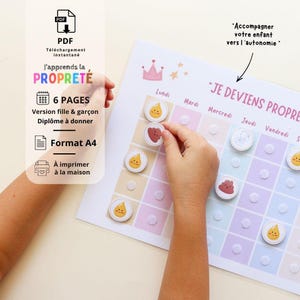 Peut inclure: Un tableau de propreté imprimable au format A4 intitulé JE DEVIENS PROPRE avec des colonnes aux couleurs pastel pour les jours de la semaine. Il inclut des jetons circulaires avec des icônes de gouttes d'eau et des formes brunes, et une couronne rose.