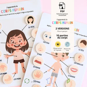 Peut inclure: Fiches d'activités éducatives intitulées J'apprends le CORPS HUMAIN avec des illustrations de dessin animé d'une fille et d'un garçon. Les fiches incluent des pièces circulaires représentant des parties du corps comme les yeux, le nez, les mains et les pieds à placer sur les zones correspondantes indiquées par des flèches.