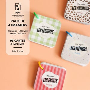 May include: A set of four square educational card decks bound with colorful plastic rings. The covers feature the text Mon imagier LES LÉGUMES, LES ANIMAUX, LES MÉTIERS, and LES FRUITS with various patterns including gingham, leopard print, and stripes.