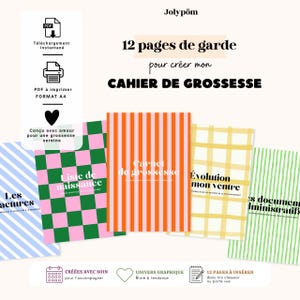 Peut inclure: Un ensemble de 12 pages de garde A4 imprimables pour cahier de grossesse par Jolypom, présentant divers motifs dont des rayures bleues, des carreaux roses et verts, des rayures orange, un motif écossais jaune et des rayures vertes avec texte.