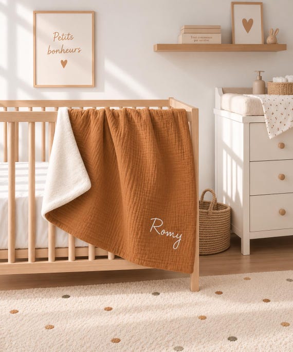 Couverture bébé personnalisée avec prénom – cadeau de naissance – double gaze & minky – plaid bébé tout doux – couverture maternelle