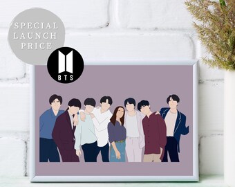 May include: A framed print of a digital illustration of the South Korean boy band BTS. The band members are depicted in a line, with the members at the ends of the line looking to the sides and the rest of the members looking forward. The background is a light purple colour. The print is framed in a silver frame.