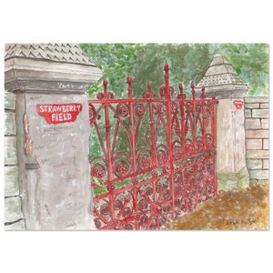 Puede incluir: Una pintura de acuarela de una puerta de metal roja con las palabras "Strawberry Field" en un letrero encima. La puerta está rodeada de muros de piedra y vegetación.