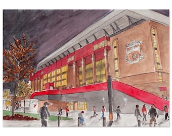 Puede incluir: Una pintura de acuarela de un estadio de noche. El estadio es rojo y marrón con un gran escudo en el lateral. Hay gente caminando frente al estadio.