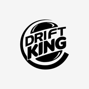 May include: Black and white logo design featuring the text "DRIFT KING" in a bold, sans-serif font. The text is set within a stylized circular emblem with curved lines, creating a dynamic and modern aesthetic.