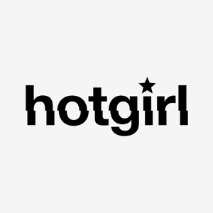 Può includere: Logo in bianco e nero con la parola "hotgirl" e una piccola stella sopra la "g".