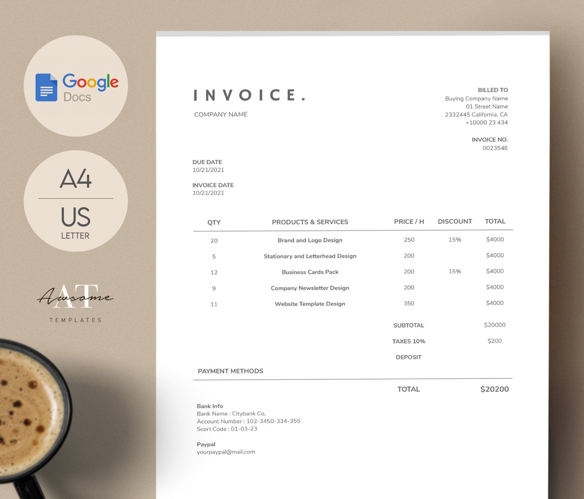 simple invoice template printable invoice editable business etsy