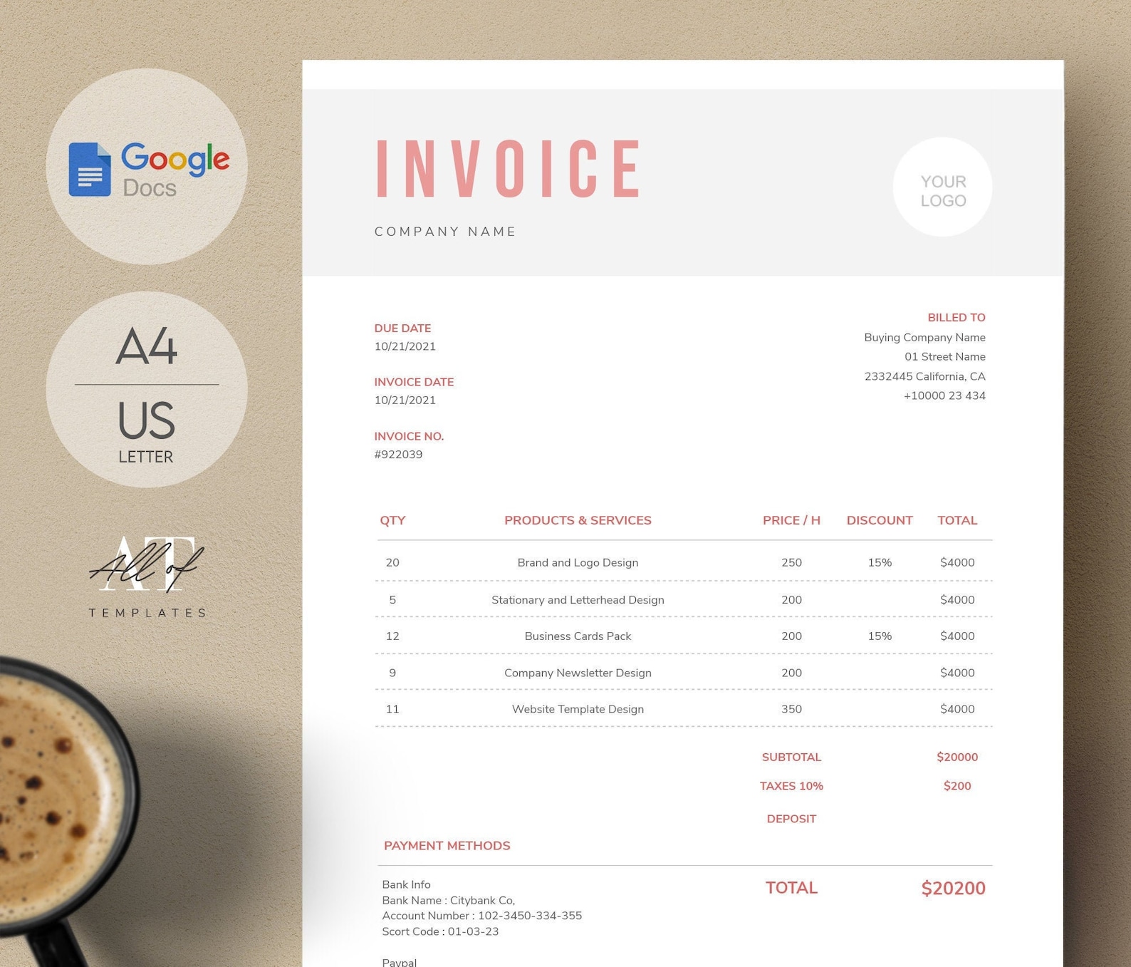 Pink Invoice Template Printable Invoice Editable Business Etsy