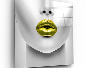 Smaragd und Gold Lippen | Moderne Wandkunst | Glas-Wand-Kunst