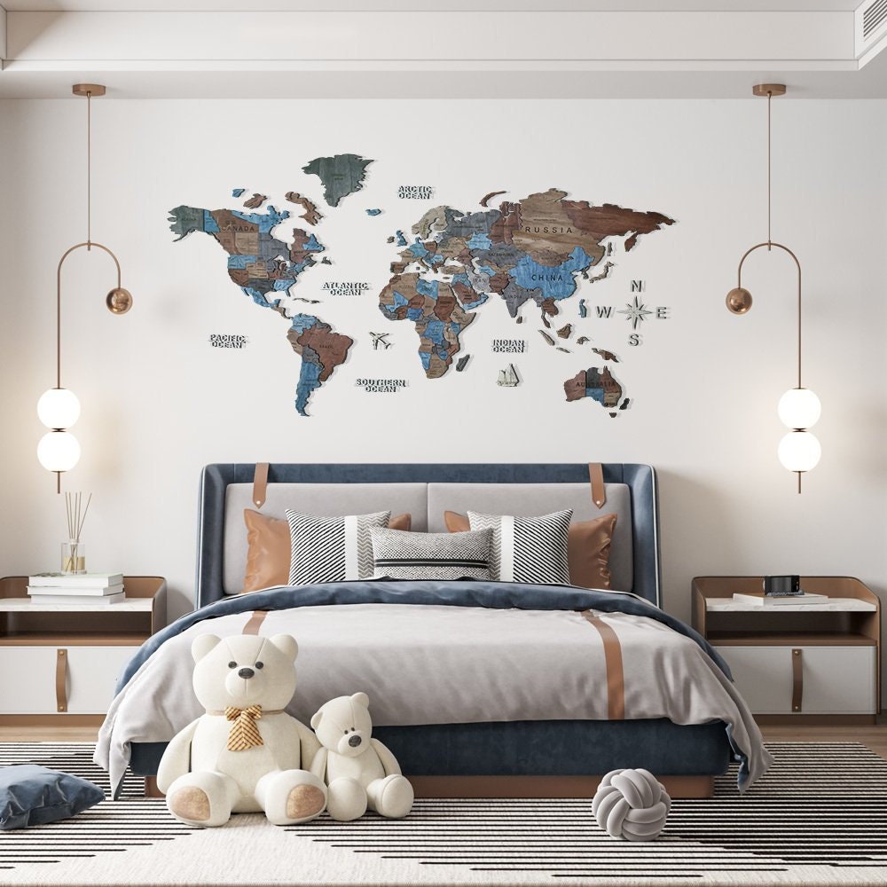 3D World Map Wall Art, Home & Office Decor, Wood Anniversary, Quality ...