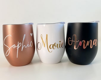 Wine glass tumbler thermo cup with lid stainless steel personalized with name JGA wedding gift accessory. Mother's Day, friend, teacher.