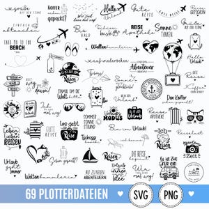 May include: A collection of 69 black and white travel-themed digital designs featuring icons like suitcases, aeroplanes, globes, and cameras, accompanied by various German phrases such as 'Gute Reise', 'Urlaub', and 'Reiselust' in diverse fonts.