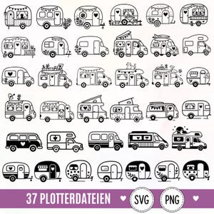 Op de afbeelding: Een verzameling van 37 zwart-wit lijntekeningen van diverse campers, caravans en kampeervoertuigen met hartmotieven, vlaggetjes en bloemaccenten. De tekst onderaan luidt 37 PLOTTERDATEIEN SVG PNG.