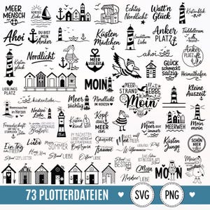 Könnte beinhalten: Eine Sammlung von 73 schwarz-weißen digitalen Grafikdesigns mit maritimen Motiven wie Leuchttürmen, Ankern, Möwen, Strandkörben und Segelbooten, ergänzt durch verschiedene deutsche Schriftzüge rund um das Thema Meer und Küste.