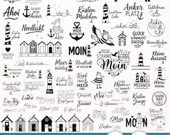 Puede incluir: Una colección de 73 diseños gráficos digitales en blanco y negro con temas náuticos que incluyen faros, anclas, gaviotas, casetas de playa y veleros, acompañados de varias frases en alemán relacionadas con el mar y la costa.