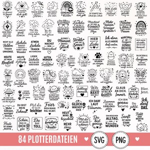 Könnte beinhalten: Eine Sammlung von 84 schwarz-weißen digitalen Grafikdesigns mit verschiedenen motivierenden deutschen Sprüchen, verspielten Illustrationen von Tieren, Himmelskörpern, Blumen und Symbolen, dargestellt als ein Raster aus einzelnen Bilddateien.