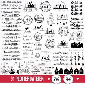 Op de afbeelding: Een verzameling zwart-witte digitale grafische ontwerpen met winter- en kerstthema's, inclusief tekstzinnen zoals Stille Nacht, Frohe Weihnachten en Advent, naast illustraties van bomen, huizen, sterren en kerstballen.