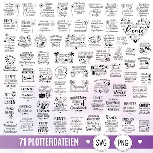 Könnte beinhalten: Eine Sammlung von 71 schwarz-weißen digitalen Designs mit deutschen Sprüchen zum Ruhestand, Pusteblumen-Illustrationen, Palmen, Strandstühlen und Reise-Symbolen, angeordnet in einem Raster mit SVG- und PNG-Beschriftungen am unteren Rand.