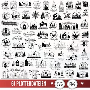 May include: A collection of 61 black and white digital graphic designs featuring Christmas themes including gnomes, houses, pine trees, snowflakes, reindeer, and holiday text. The bottom of the image displays the text 61 PLOTTERDATEIEN SVG PNG.