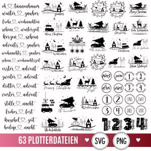 May include: A collection of 63 black and white digital graphic designs featuring Christmas themes, including script text phrases like Oh Tannenbaum, winter zauber, and Merry Christmas, alongside illustrations of cars with trees, reindeer, and numbered circles.