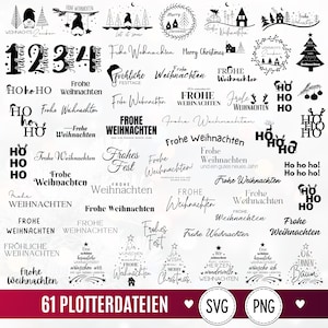 Puede incluir: Una colección de 61 diseños gráficos digitales en blanco y negro con tipografía e ilustraciones de temática navideña. El texto incluye frases como Frohe Weihnachten, Merry Christmas, Ho Ho Ho y Advent, junto a iconos de árboles, gnomos y estrellas.