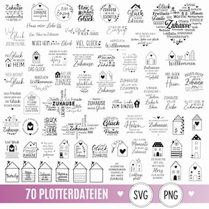 Può includere: Una collezione di 70 disegni grafici digitali in bianco e nero con varie illustrazioni di case, forme a cuore e frasi in tedesco relative alla casa, alla felicità e al trasloco, in formato SVG e PNG.