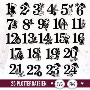 Könnte beinhalten: Eine Sammlung schwarzer Zahlen von 1 bis 24, jeweils verziert mit weihnachtlichen Symbolen wie Strümpfen, Zuckerstangen, Stechpalmen und Ornamenten. Der untere Text lautet 25 PLOTTERDATEIEN SVG PNG und zeigt digitale Designdateien.
