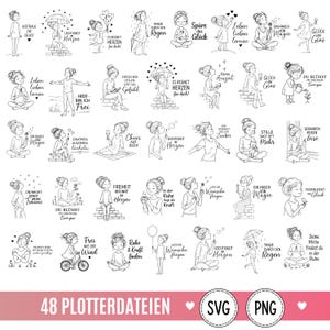 Könnte beinhalten: Eine Sammlung von 48 schwarz-weißen Strichzeichnungen, die verschiedene Szenen eines Mädchens mit Dutt zeigen, begleitet von deutschen Textphrasen. Die Motive stellen Aktivitäten wie Sitzen, Tanzen im Regen, Fahrradfahren und Meditieren dar.